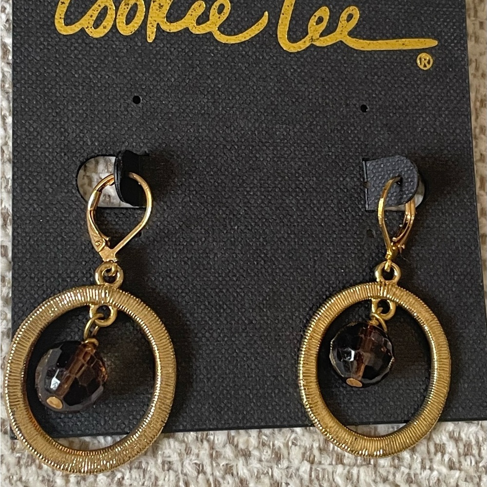 Cookie Lee Gold and Brown Hoop Earrings with Crystal Accent